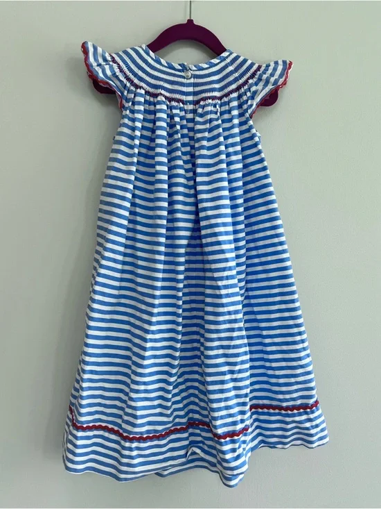 Classic Whimsy Lobster Treasures Smocked Blue Striped Angel Sleeve Dress, 4T - Picture 2 of 7